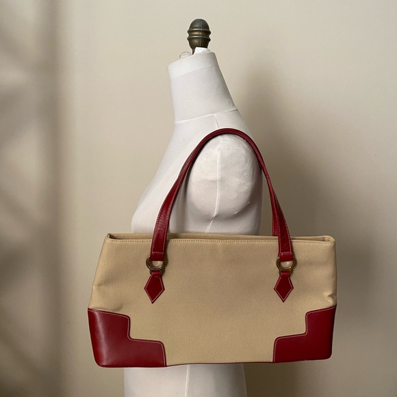 BCBG Max Azria Tan Canvas Red Leather Vintage Shoulder Bag - Picture 12 of 13